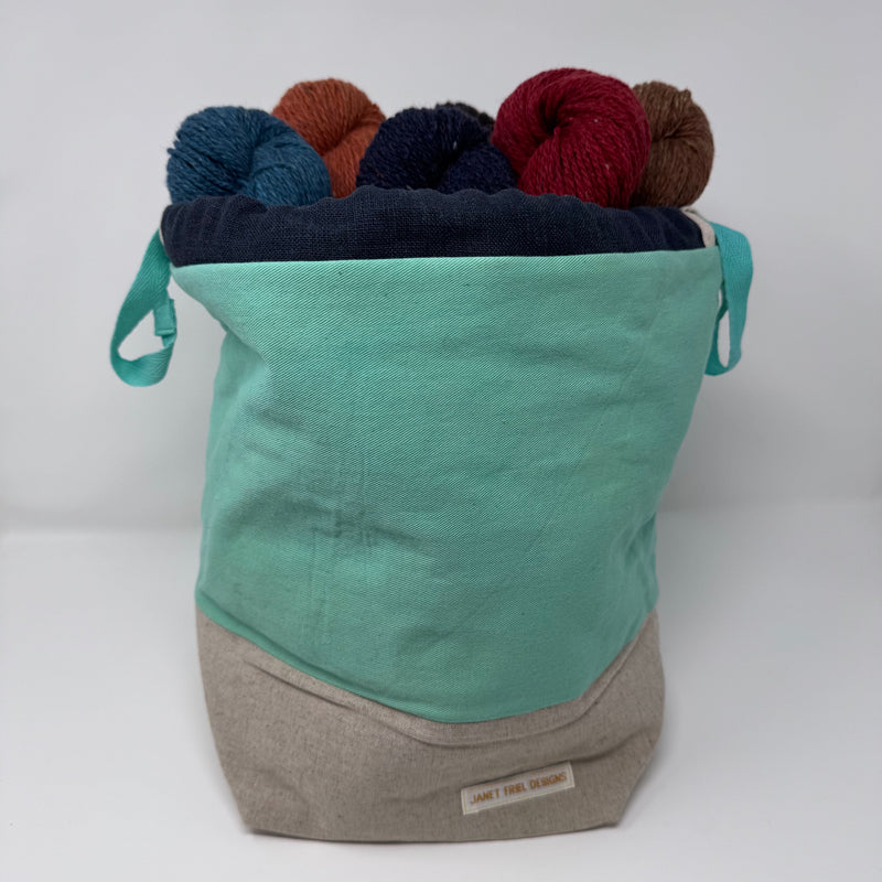 Large Handmade Drawstring Project Bag – Aqua Hand-dyed Cotton/Linen