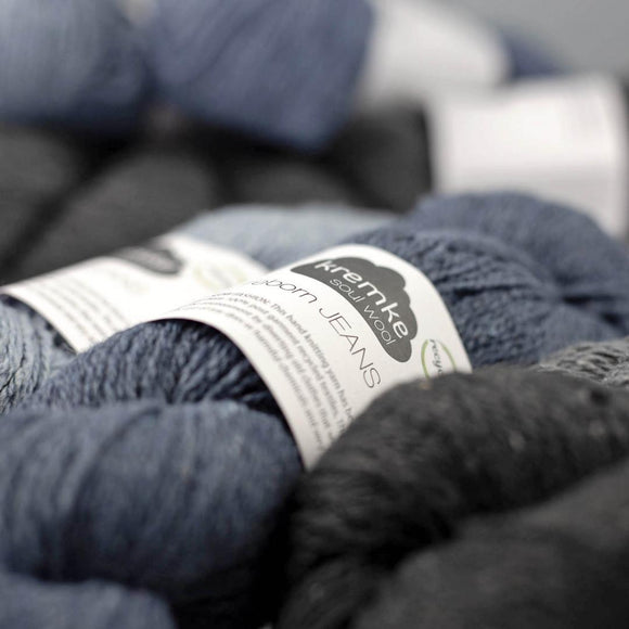 Kremke Soul Wool Reborn Jeans Recycled cotton yarn aran weight for knitting and crochet