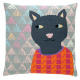 Cross stitch cushion cover with a grey cat wearing an orange and pink jumper on a background of soft grey, white, blue, pink and yellow triangles.