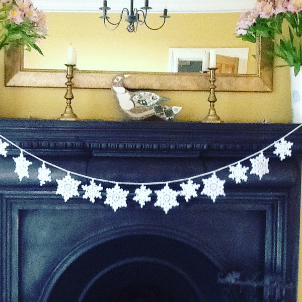 White crochet snowflakes bunting hanging along the top of a black victorian mantelpiece white crocheted snowflake bunting from all about the yarn crocheted snowflake course at Chesterblade hills