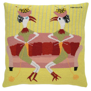 Fru Zippe Woollen Cross Stitch Kit: Knitting Chickens Cushion Cover