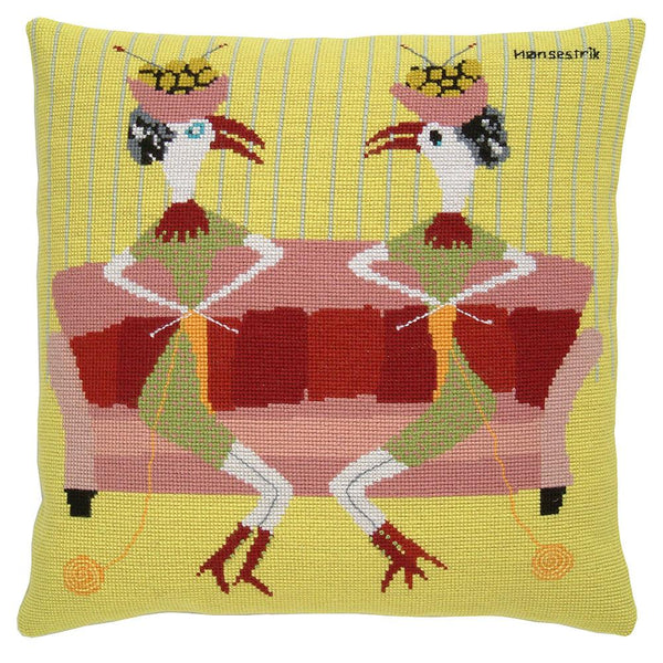 Fru Zippe Woollen Cross Stitch Kit: Knitting Chickens Cushion Cover